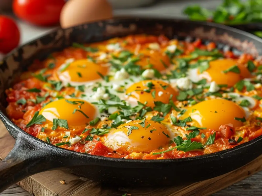Shakshuka maison anti-gaspillage : œufs pochés dans une sauce tomate en poêle en fonte, idée pour écouler les œufs