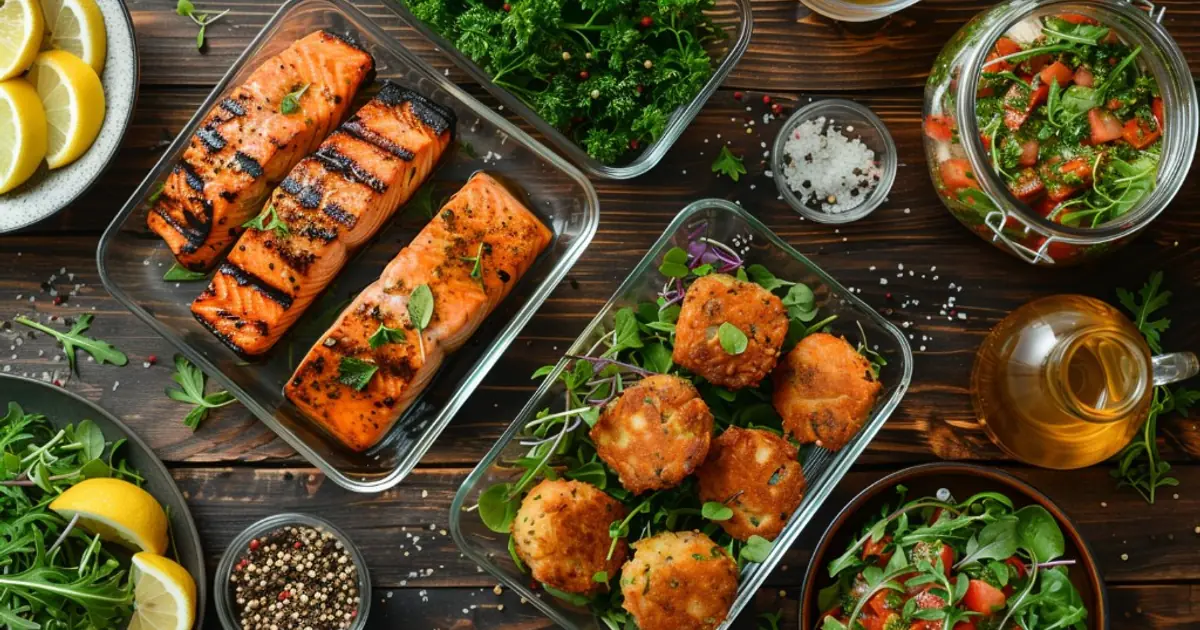 Idées anti-gaspillage avec restes de poisson : saumon grillé et fish cakes en boîtes de conservation en verre, citron et herbes