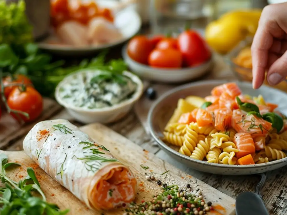 Wrap au saumon et pâtes aux restes de poisson, idées anti-gaspillage rapides sur planche à découper