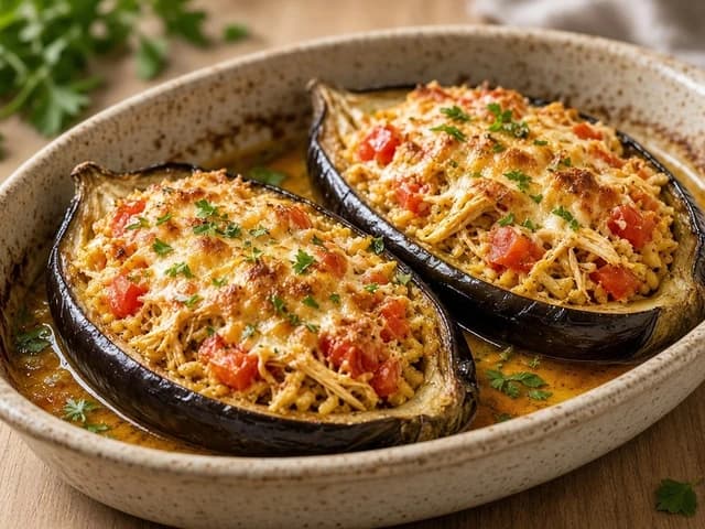 Barquettes d'aubergines farcies au riz, poulet et tomates