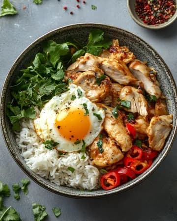 Recette Bowl de poulet épicé, riz chaud et œuf au plat — anti-gaspillage | iAssiette