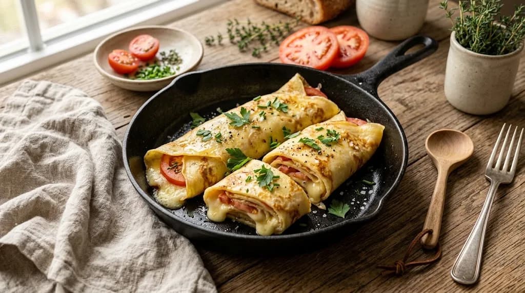 Crêpes fourrées à la tomate et au fromage dans une poêle en fonte