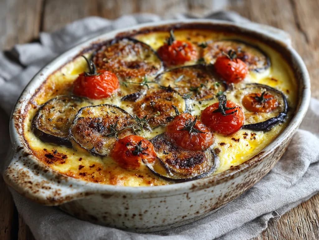 Flan végétarien aux aubergines grillées et tomates cerises confites — recette anti-gaspillage iAssiette