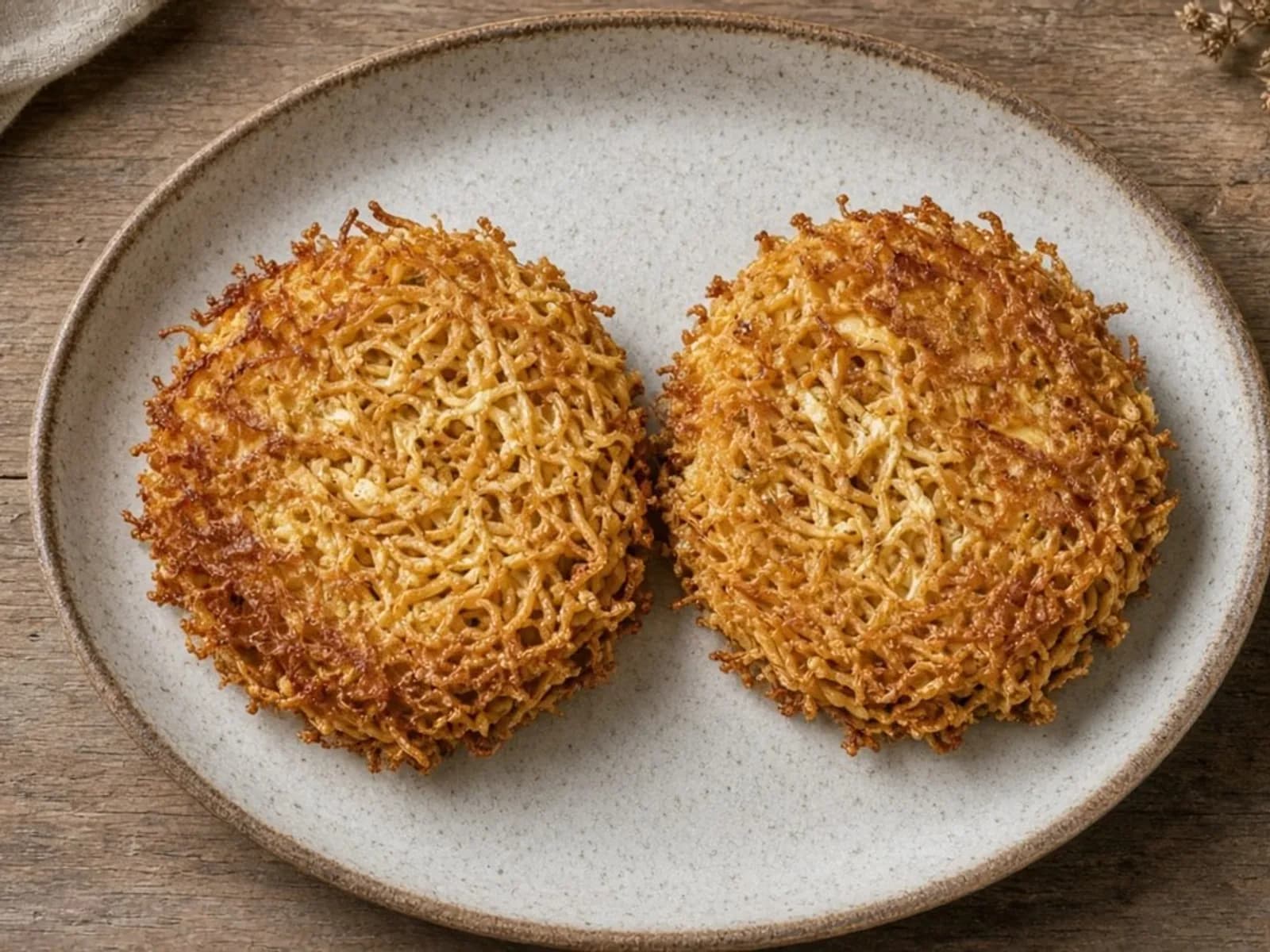 Galettes dorées de nouilles chinoises sautées à l'œuf