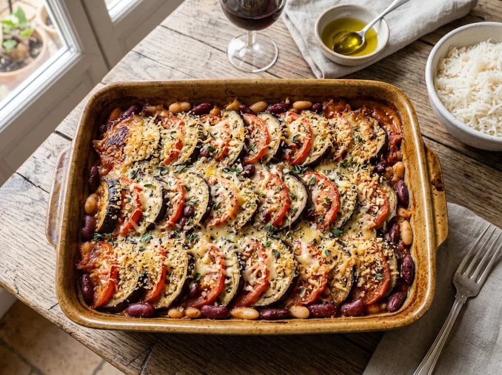 Gratin d'aubergines et haricots à la provençale dans un plat rectangulaire — anti-gaspillage | iAssiette