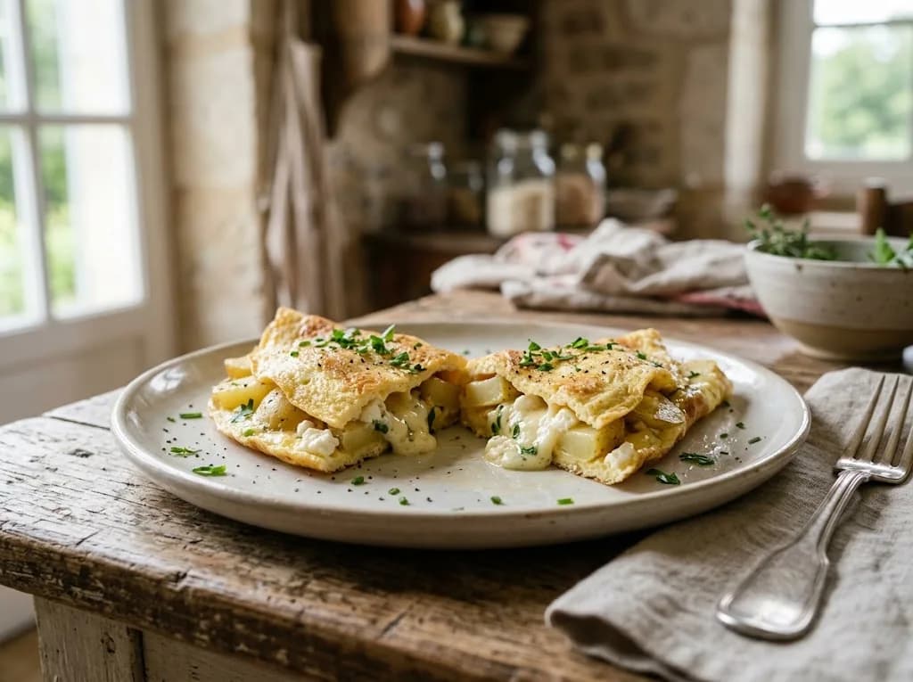 Recette Omelette moelleuse aux pommes de terre et feta — anti-gaspillage | iAssiette