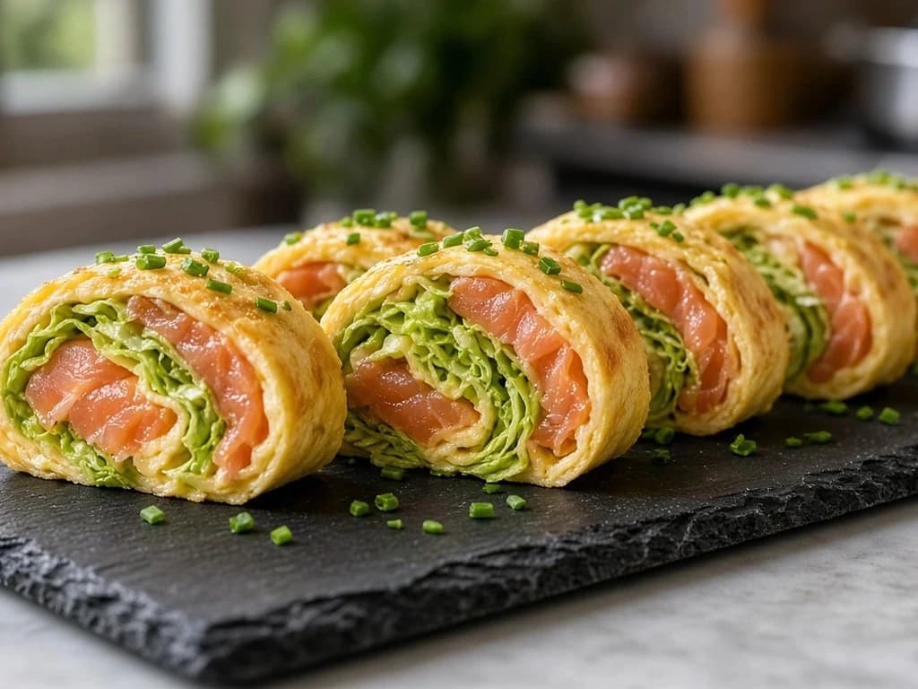 Omelette roulée au saumon fumé et chiffonade de salade
