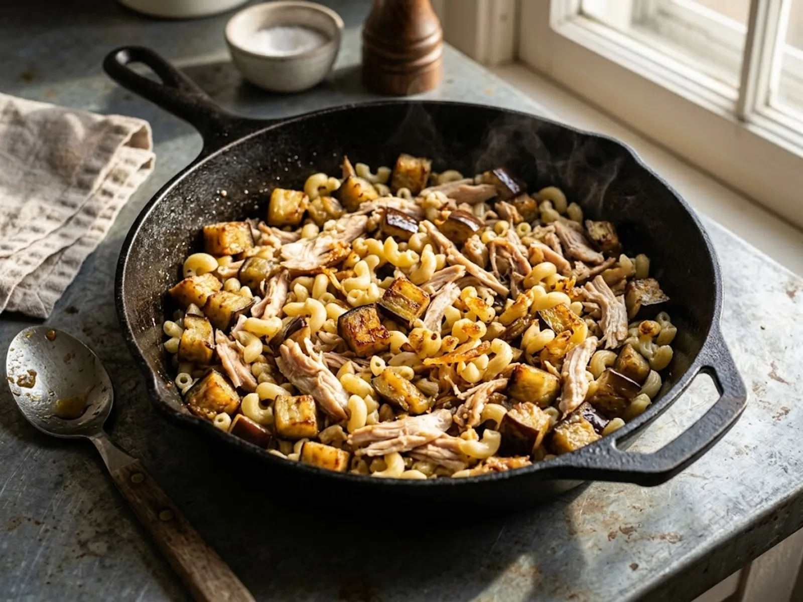 Photo de Poêlée sautée de poulet, aubergines et coquillettes