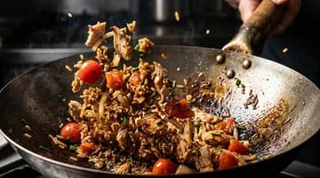 Poêlée sautée de riz et poulet façon wok, avec tomates cerises