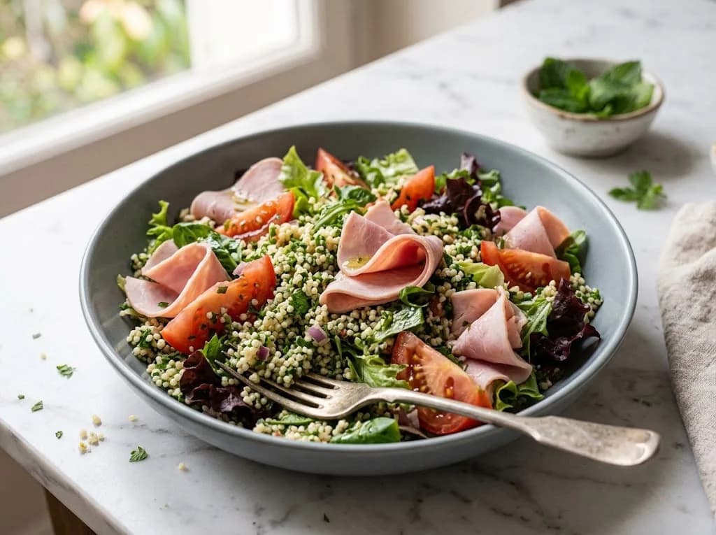 Salade composée fraîcheur au taboulé, tomates et jambon dans un saladier — anti-gaspillage | iAssiette