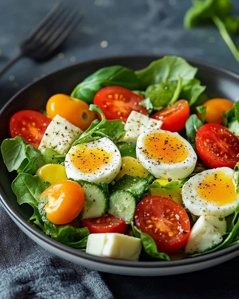Recette Salade fraîcheur aux œufs durs, tomates, concombre et fromage — anti-gaspillage | iAssiette