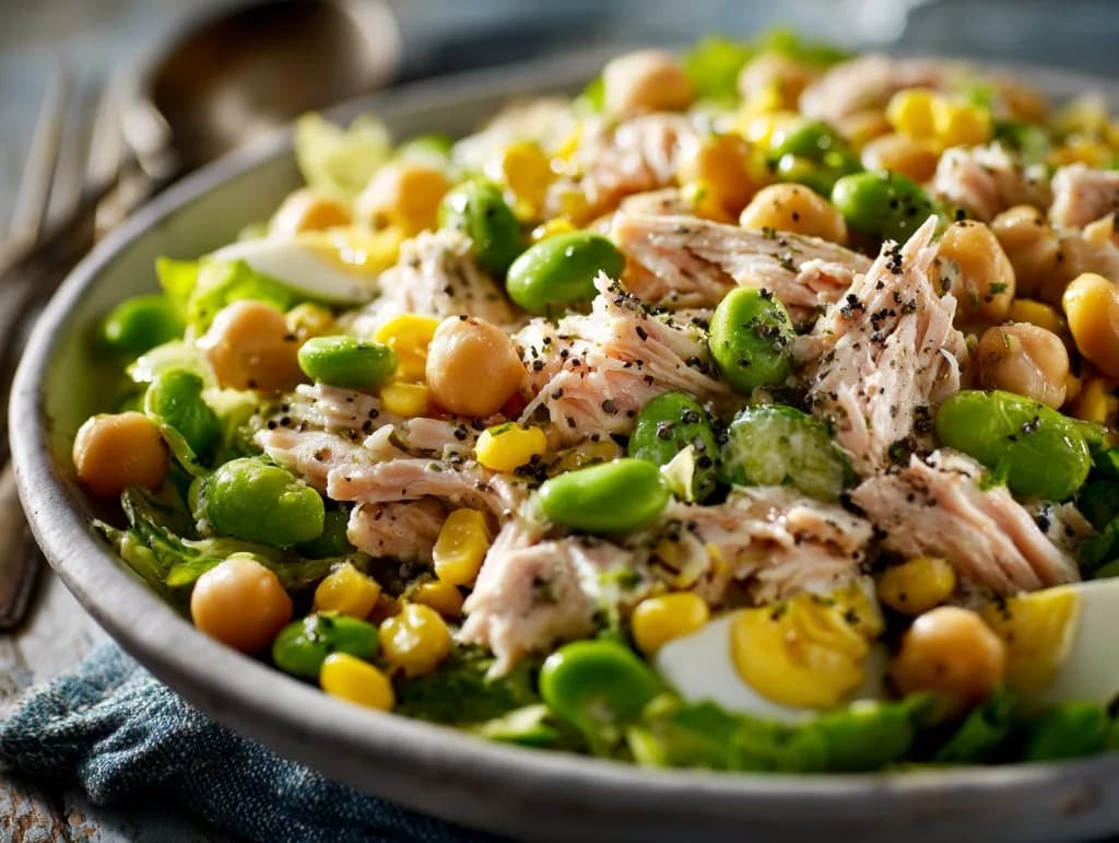 Salade protéinée thon, edamames, maïs et pois chiches — recette anti-gaspillage iAssiette