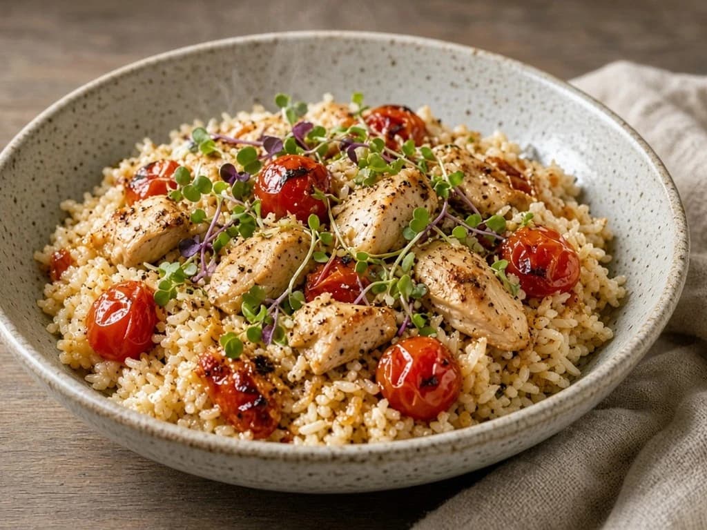 Salade tiède de riz, poulet rôti et tomates poêlées