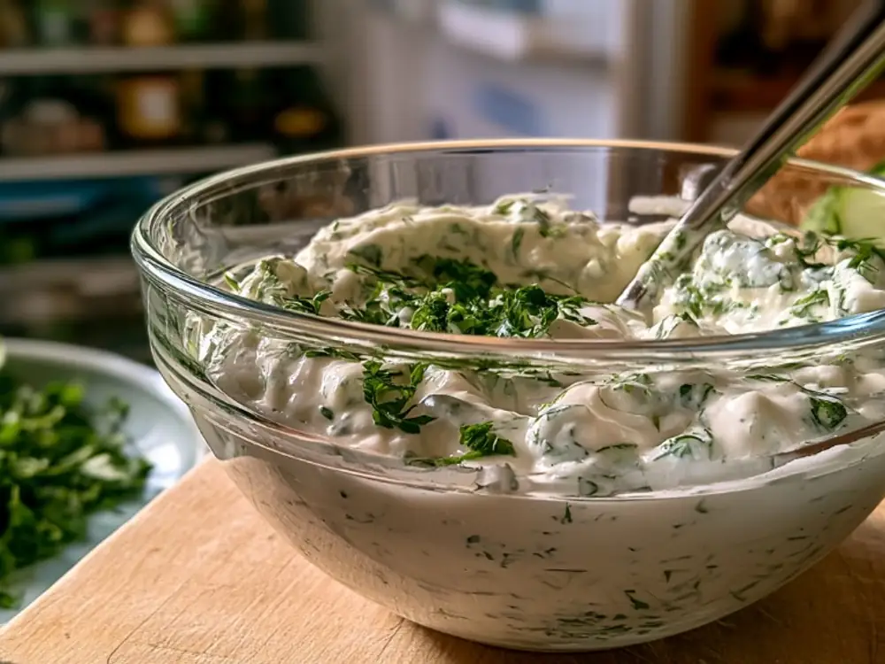 Dip yaourt anti-gaspillage Sauce crémeuse au yaourt et herbes fraîches, idée sans gaspi pour un fond de pot