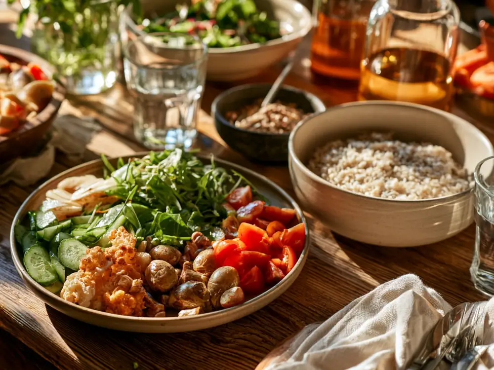 Assiette équilibrée Assiette du quotidien équilibrée avec légumes rôtis, crudités et céréales