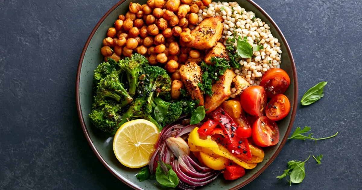 Bol équilibré avec protéines, légumes et féculents pour une assiette variée