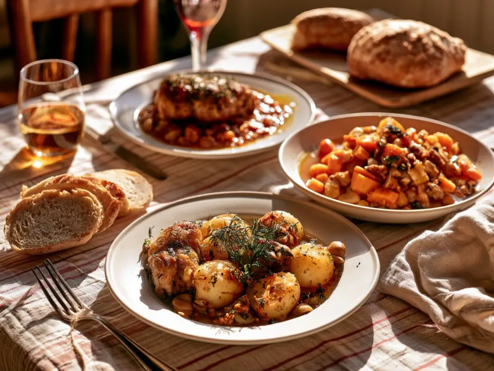 Repas de la semaine Table dressée avec repas batch cooking : poulet, légumes et pain, semaine anti-gaspillage