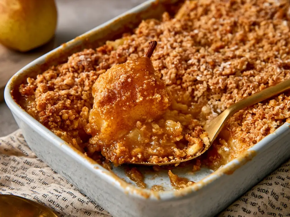 Cake ou crumble anti-gaspi Crumble de poires trop mûres doré au four, dessert anti-gaspillage