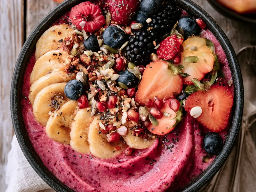 Smoothie bowl anti-gaspi Smoothie bowl rose aux fruits trop mûrs, granola et baies, idée anti-gaspillage