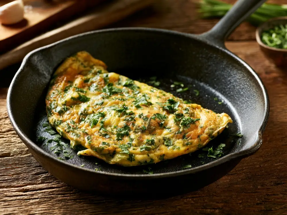 Omelette aux herbes Omelette aux herbes dorée à la poêle, idée rapide pour sauver basilic ou persil