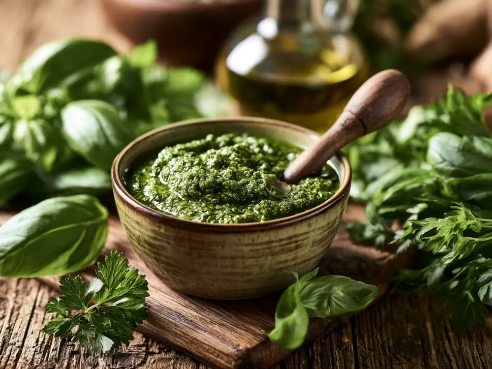 Pesto anti-gaspillage Pesto vert maison au basilic et persil, idée anti-gaspillage pour herbes qui fanent