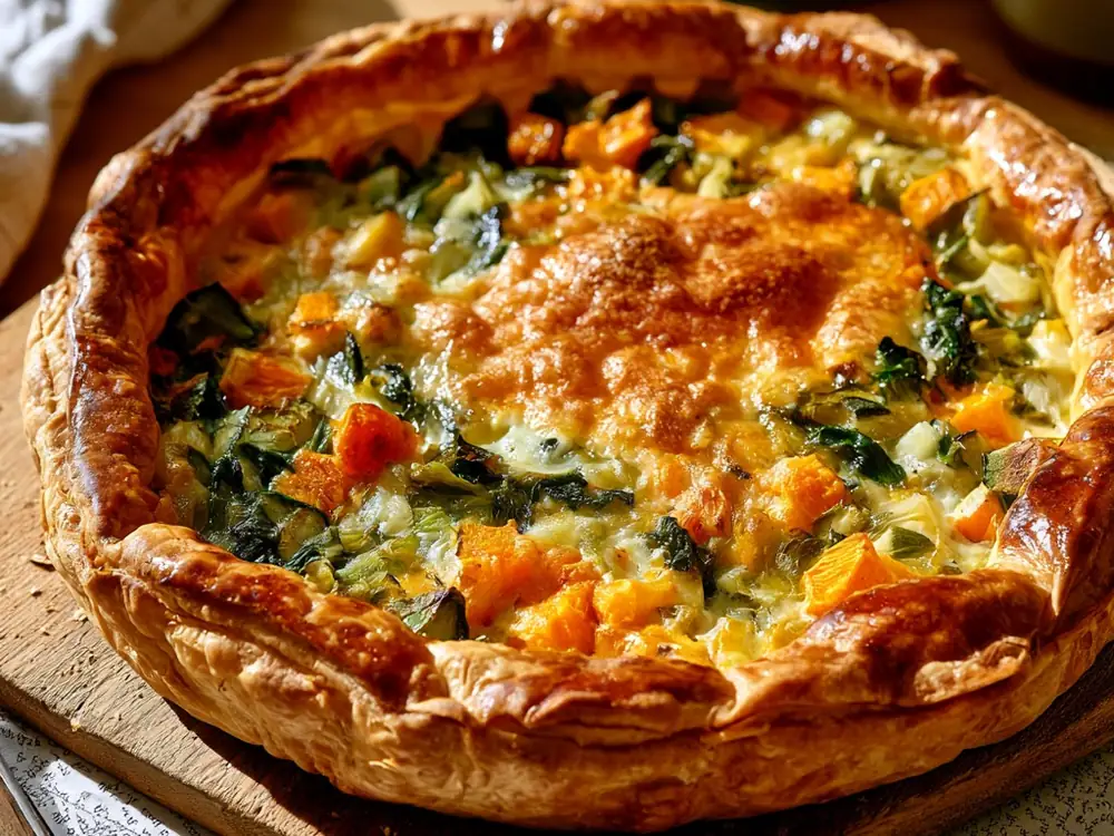 Quiche de restes de légumes Quiche ou galette aux légumes flétris et fromage, plat anti-gaspillage au four