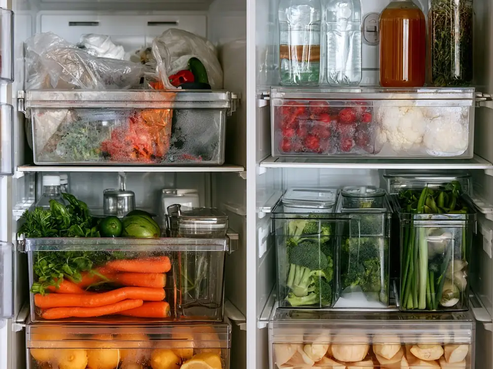 Avant / après organisation frigo Avant / après : frigo désordonné transformé en frigo rangé anti-gaspillage