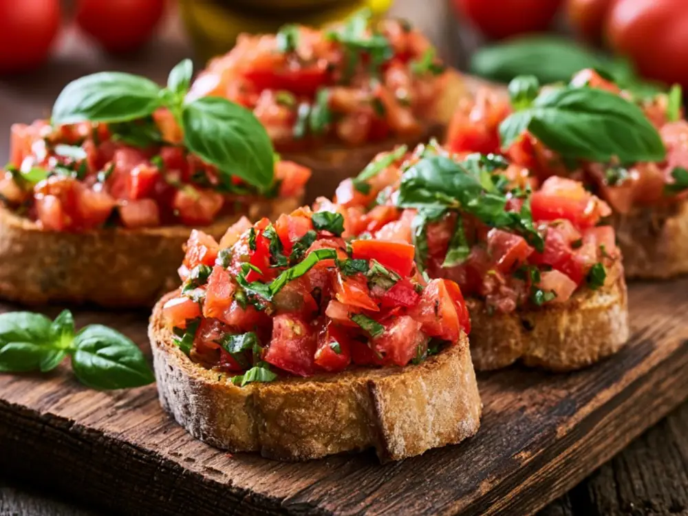 Bruschetta anti-gaspillage Bruschetta rustique tomates basilic et huile d’olive sur pain grillé rassis