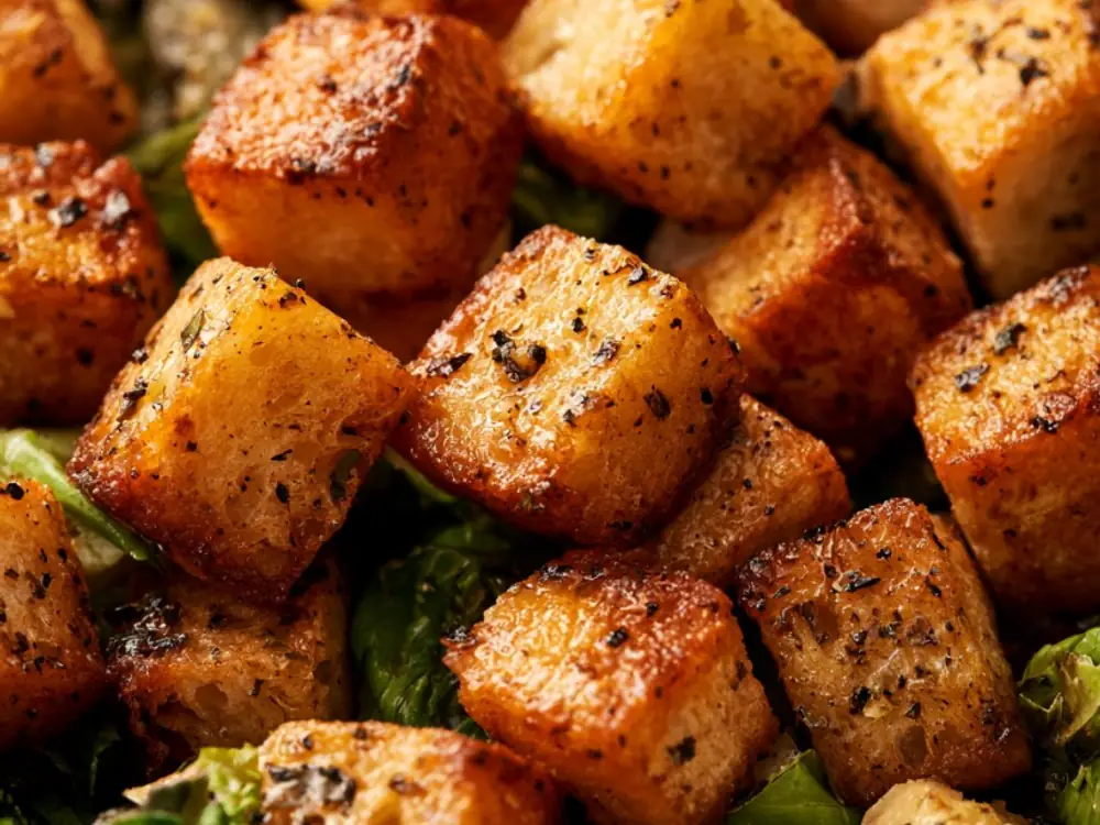 Pain rassis en croûtons Croûtons maison dorés faits avec du pain rassis, pour sauver un reste de pain du frigo