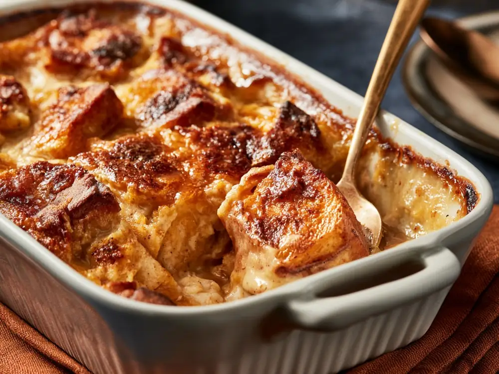 Bread pudding Pudding de pain rassis caramélisé au four, dessert anti-gaspillage moelleux