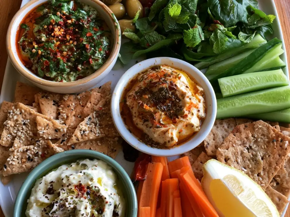 Mezzé anti-gaspillage Assiette mezzé maison avec dips, crudités et crackers pour finir les restes du frigo