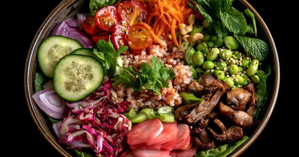 Bowl sans cuisson composé avec des restes du frigo : riz, légumes et herbes