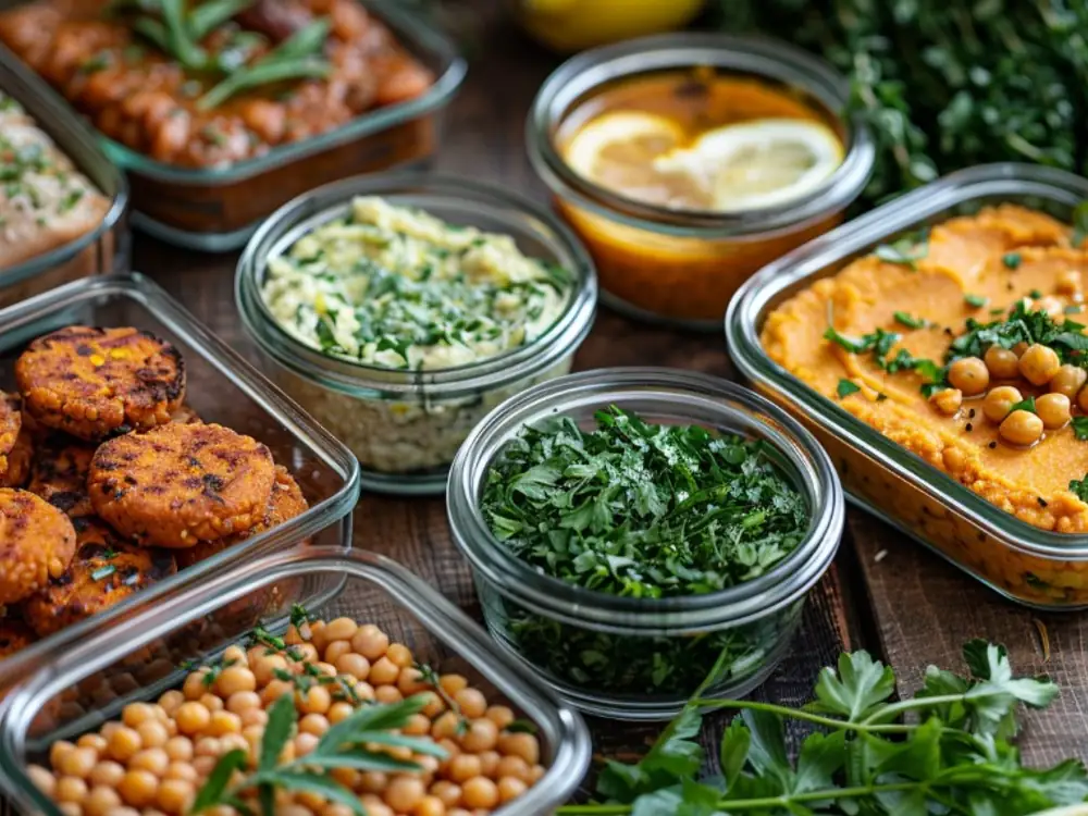 Conservation en boîtes de verre Restes de légumineuses en contenants en verre : houmous, galettes et pois chiches pour le batch cooking anti-gaspi