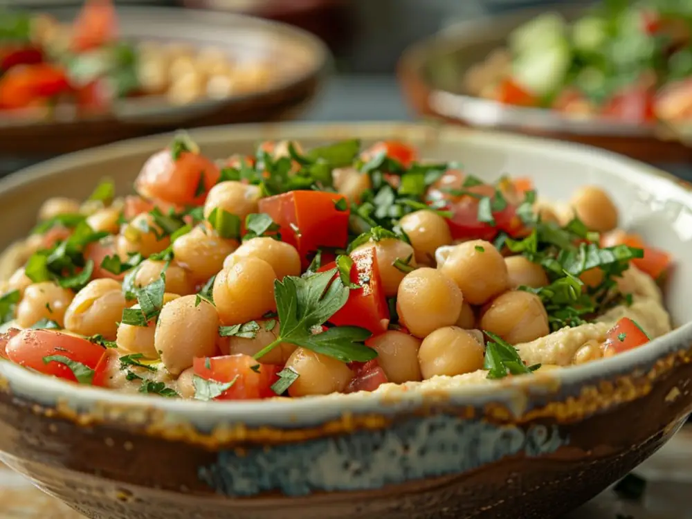 Houmous et pois chiches Salade de pois chiches anti-gaspillage avec tomates et persil sur un lit de houmous crémeux