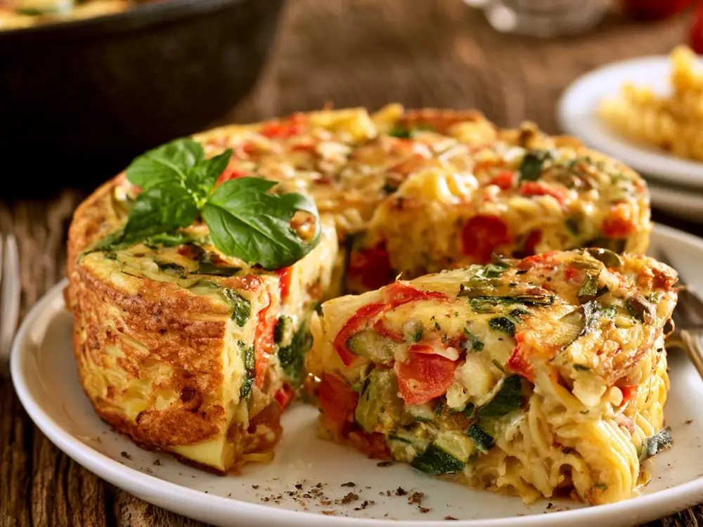 Frittata de pâtes Frittata dorée aux restes de pâtes fusilli et légumes, recette anti-gaspillage