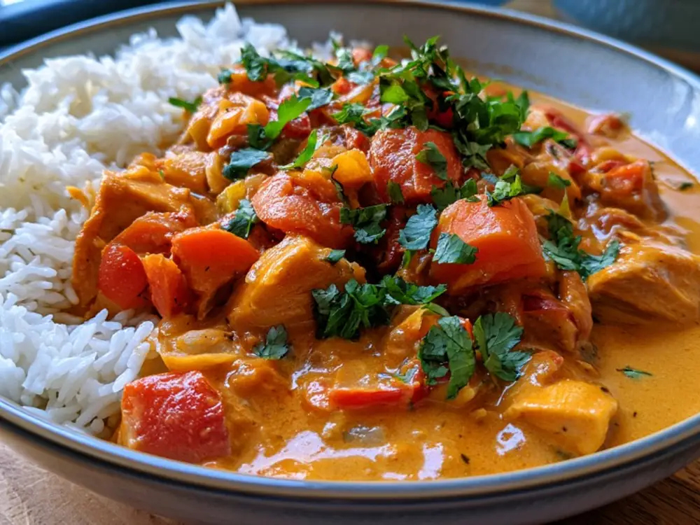Curry poulet & légumes Curry coco de restes de poulet et légumes servi avec du riz, recette anti-gaspillage
