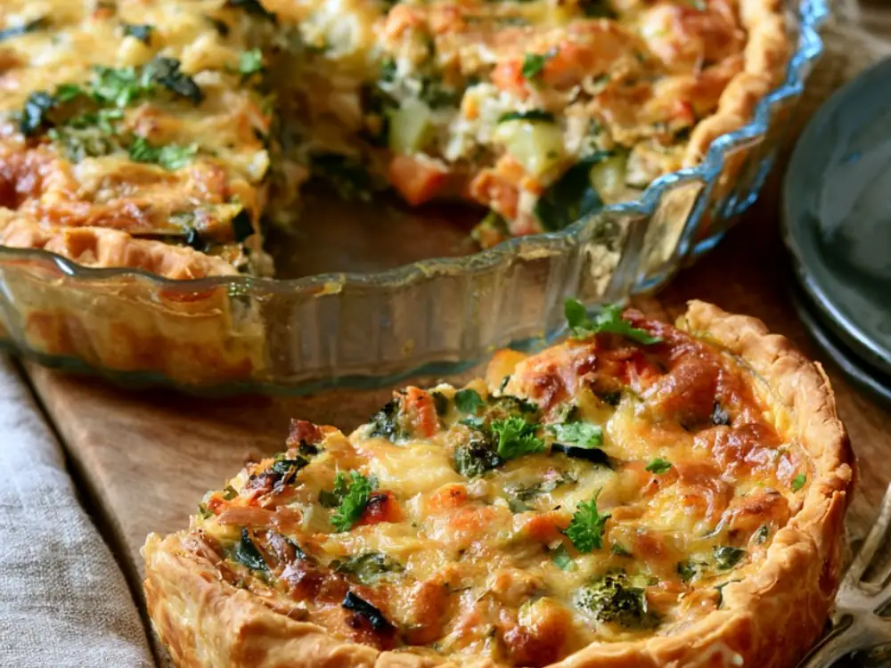 Quiche / gratin de restes Gratin ou quiche aux restes de poulet et légumes, plat anti-gaspillage au four
