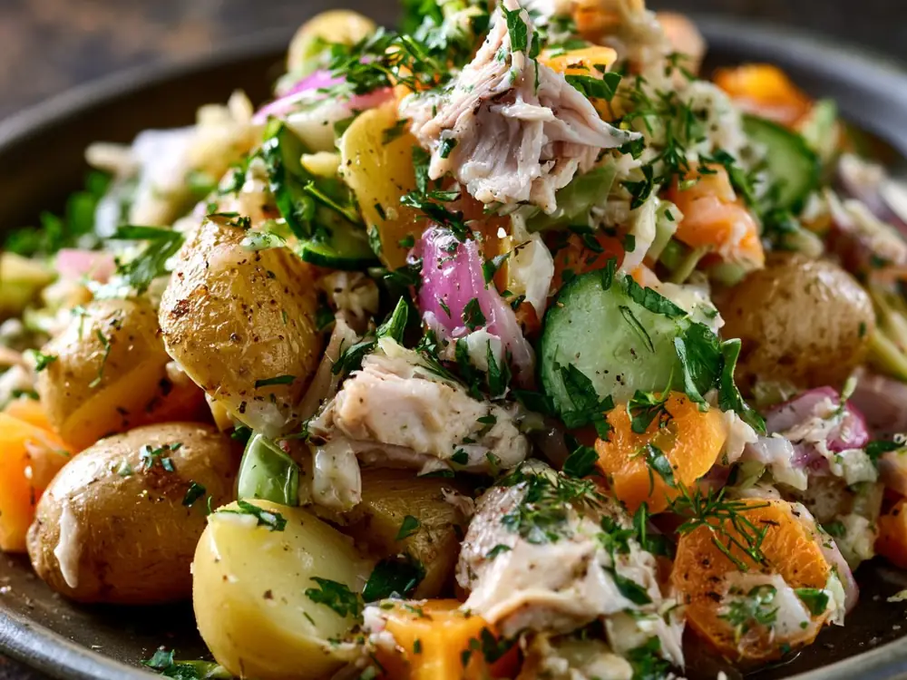 Salade poulet & légumes Salade de restes de poulet avec pommes de terre et légumes frais, idée anti-gaspillage