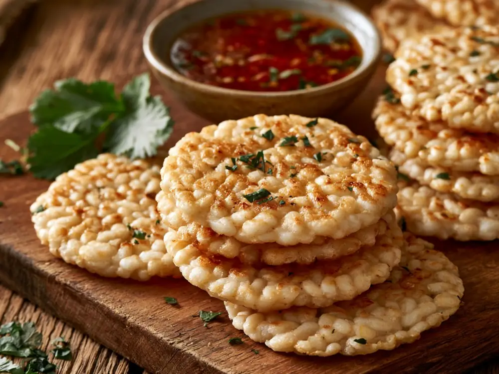 Galettes de riz anti-gaspillage Galettes de riz croustillantes dorées aux herbes, idéales pour utiliser un reste de riz cuit