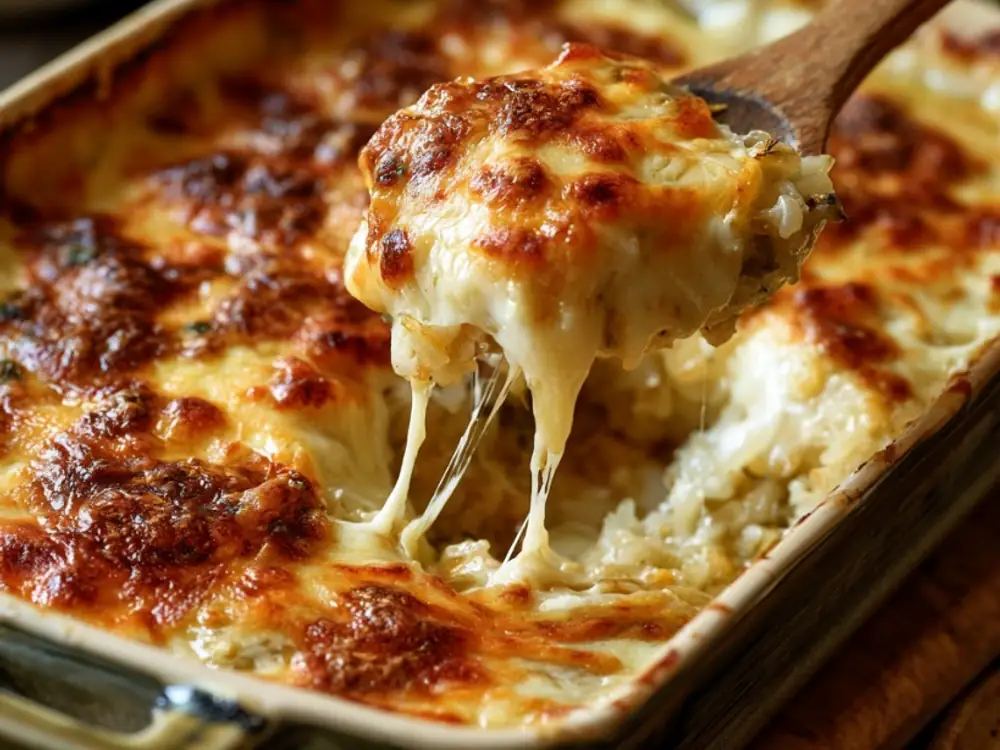 Gratin de riz aux restes Gratin de restes de riz crémeux au fromage fondu, sorti du four