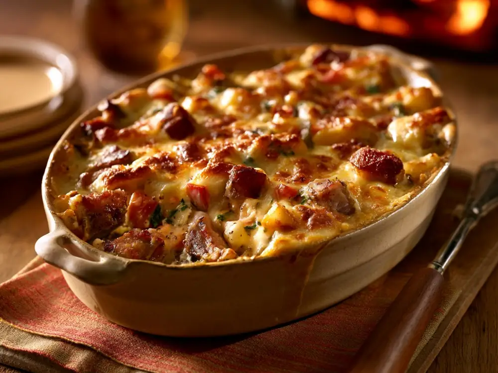 Gratin de restes de viande Gratin doré aux restes de viande, pommes de terre et fromage fondu, plat anti-gaspillage