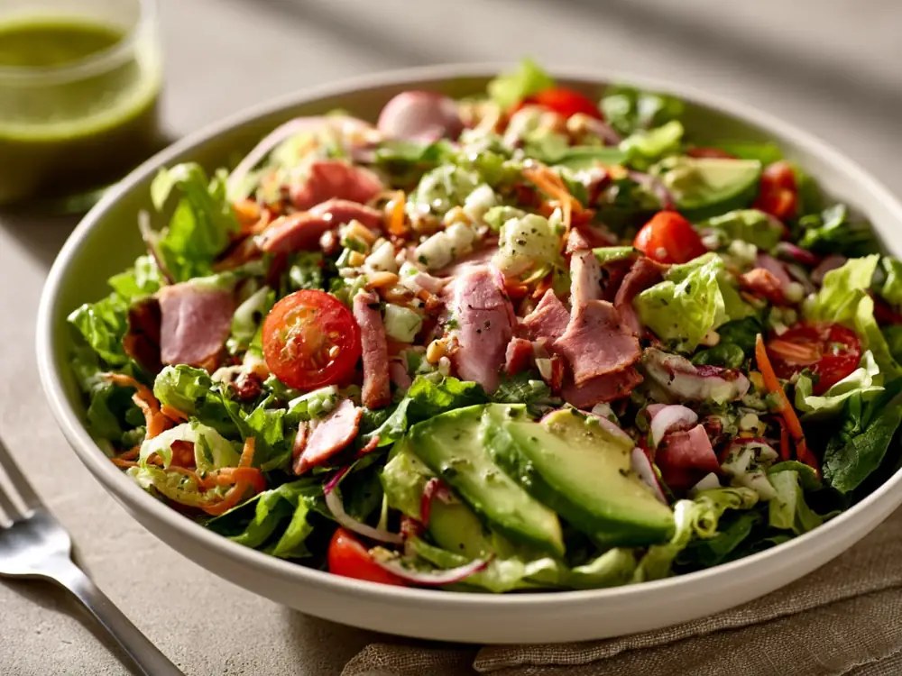 Salade de restes de viande Salade composée avec restes de viande, avocat et tomates, repas anti-gaspillage frais