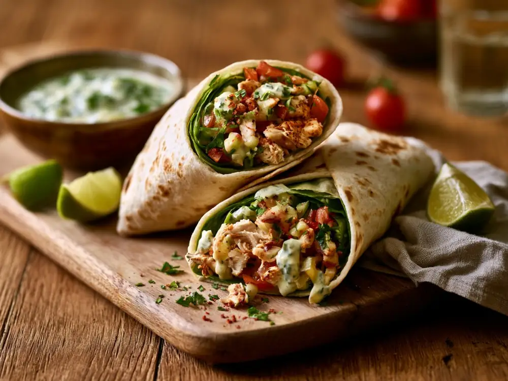 Wraps de restes de viande Wraps au poulet effiloché, crudités et sauce, idée anti-gaspillage pour restes de viande