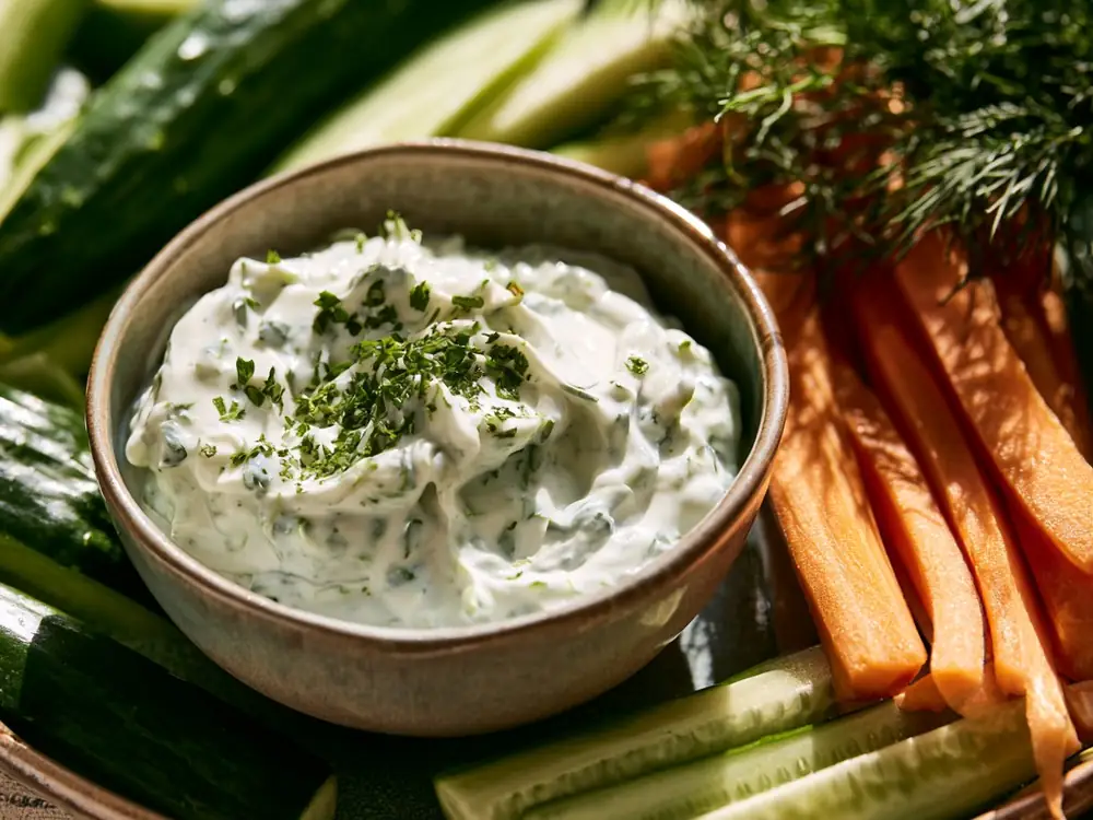 Sauce yaourt anti-gaspillage Dip crémeux au yaourt et herbes avec bâtonnets de légumes, anti-gaspillage