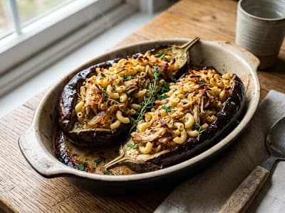 Photo de Aubergines farcies au poulet et coquillettes