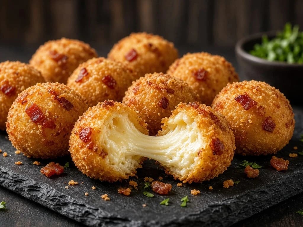 Bouchées de pommes de terre fardées aux lardons et cœur de fromage