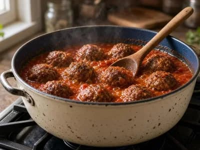 Boulettes de viande dorées mijotant dans une sauce tomate en cocotte