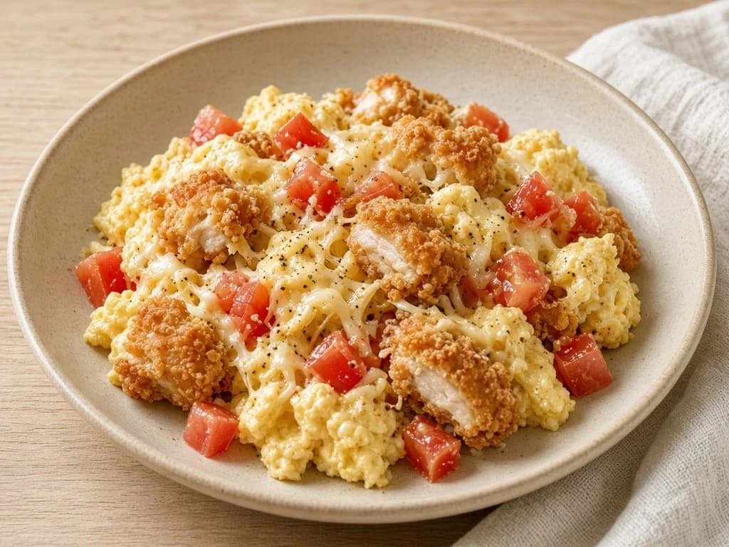 Brouillade fondante aux tomates, emmental et morceaux de nuggets