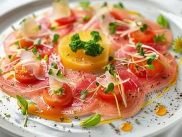 Carpaccio bicolore melon-tomate, copeaux de brocoli et fromage — salade anti-gaspillage élégante | iAssiette
