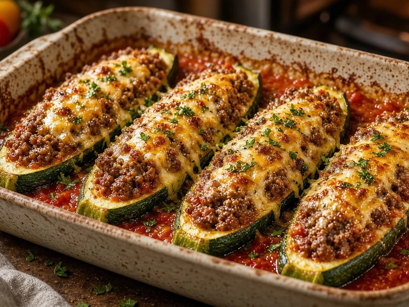 Courgettes farcies à la viande hachée gratinées au four